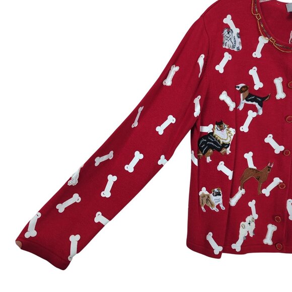 Berek Vintage Red Sweater Cardigan Women’s XL Embroidered Dog and Bone Beaded - Picture 3 of 16